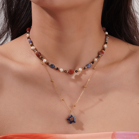 Collier Perlé à Pendentif Étoile en Acier Inoxydable Bohème pour Femme Colliers Ethniques Vintage en Perles Artificielles et Pierre