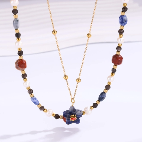 Collier Perlé à Pendentif Étoile en Acier Inoxydable Bohème pour Femme Colliers Ethniques Vintage en Perles Artificielles et Pierre