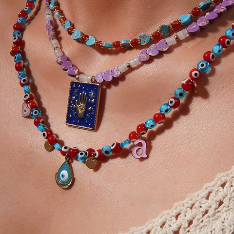 Bohemian Natural Synthetic Stone Beaded Necklace For Women Evil Eye Hamsa Hand Enamel Pendant Ethnic Choker Jewelry