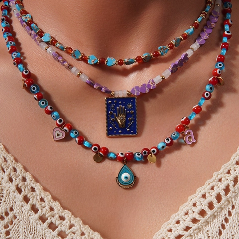 Bohemian Natural Synthetic Stone Beaded Necklace For Women Evil Eye Hamsa Hand Enamel Pendant Ethnic Choker Jewelry
