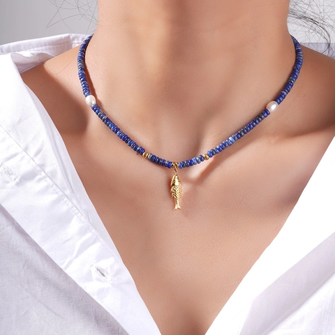 Collana Con Ciondolo a Pesce in Acciaio Inossidabile Lapis Lazzuli e Perla Artificiale per Donna Gioielli Minimalisti in Pietra Naturale
