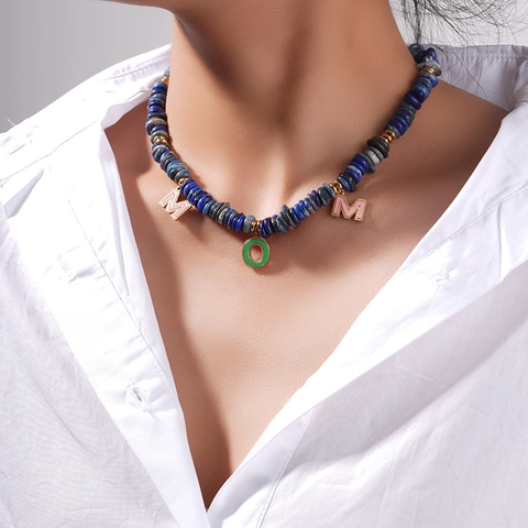 Stainless Steel Lapis Lazuli Beaded Necklace With MOM Letter Enamel Pendants For Mother's Day Women Fashion Jewelry Gift