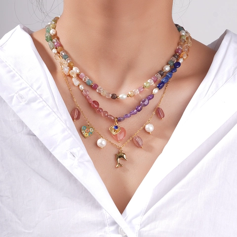 Bohemian Layered Stainless Steel Necklace Colorful Natural Stone Beads Artificial Pearl Heart Dolphin Pendant Stacking Necklace For Women
