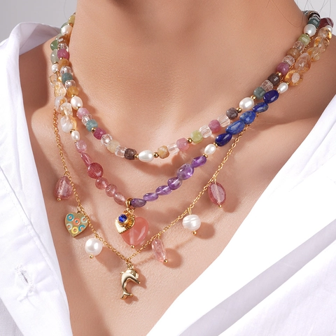 Bohemian Layered Stainless Steel Necklace Colorful Natural Stone Beads Artificial Pearl Heart Dolphin Pendant Stacking Necklace For Women
