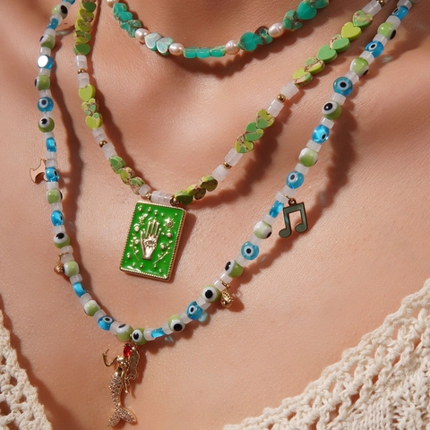 Collana a Strati in Acciaio Inossidabile Boho per Donna Occhio del Diavolo Sirena Mano di Fatima Smalto Strass Perla Artificiale Ciondolo Gioielli
