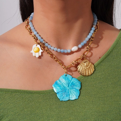 Boho Edelstahl Mehrlagige Halskette Set Blaue Perlen Künstliche Perle Hand der Fatima Muschel Blume Anhänger Damen Schmuck