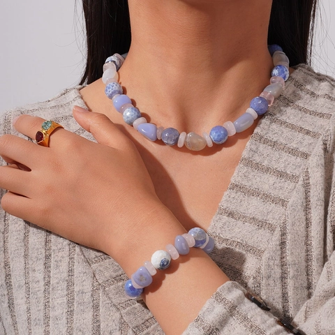 Set di Collana e Bracciale con Perle di Agata Viola Naturale e Cristallo Rosa in Acciaio al Titanio Gioielli Bohémien per Donna