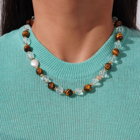 Handmade Tiger Eye Stone White Crystal Beaded Necklace For Women Titanium Steel Baroque Artificial Pearl Rhinestone Sweater Chain