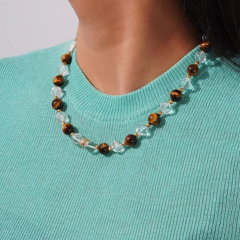 Handmade Tiger Eye Stone White Crystal Beaded Necklace For Women Titanium Steel Baroque Artificial Pearl Rhinestone Sweater Chain