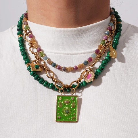 Bohemian Stainless Steel Malachite Necklace For Women Vintage Gold Plated Enamel Evil Eye Tarot Pendant Layered Multi Strand Jewelry
