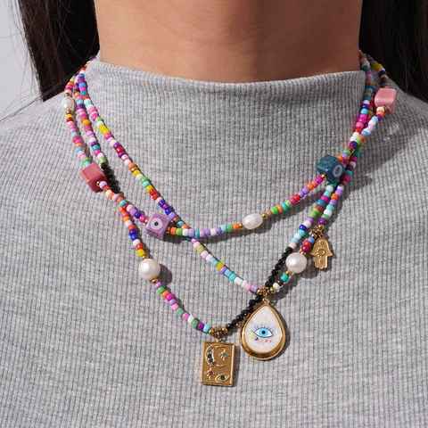 Bohemian Colorful Seed Bead Necklace Bracelet Set Evil Eye Hamsa Hand Charm Artificial Pearl Alloy Jewelry For Women