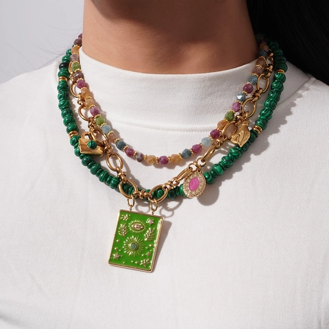 Bohemian Stainless Steel Malachite Necklace For Women Vintage Gold Plated Enamel Evil Eye Tarot Pendant Layered Multi Strand Jewelry