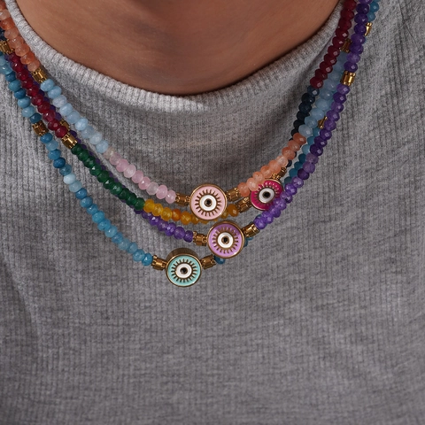 Bohemian Stainless Steel Evil Eye Beaded Necklace For Women Colorful Crystal Healing Pendant Necklace Fashion Jewelry Gift