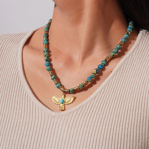 Collar de Cuentas de Acero Inoxidable Bohemio Colgante de Águila Dorada Con Piedra Natural Turquesa Joyería Étnica Mujer