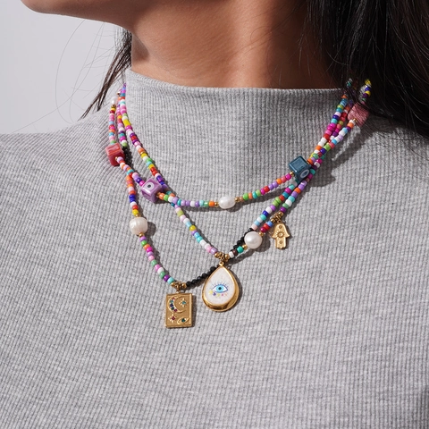 Bohemian Colorful Seed Bead Necklace Bracelet Set Evil Eye Hamsa Hand Charm Artificial Pearl Alloy Jewelry For Women