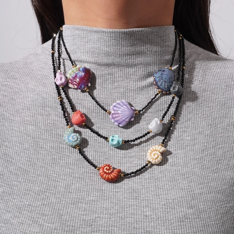 Bohemian Stainless Steel Beaded Necklace Colorful Ceramic Skull Shell Pendant Ethnic Layered Necklaces For Women Men Jewelry