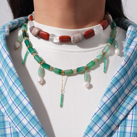 French Beaded Choker Necklace For Women Natural Stone Red Green Agate Artificial Pearl Pendant Retro Bohemian Jewelry Gift