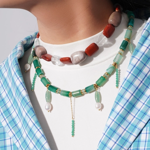 French Beaded Choker Necklace For Women Natural Stone Red Green Agate Artificial Pearl Pendant Retro Bohemian Jewelry Gift