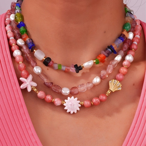Titanium Steel Agate Crystal Artificial Pearl Beaded Necklace Ocean Style Shell Starfish Sun Pendant Bohemian Jewelry