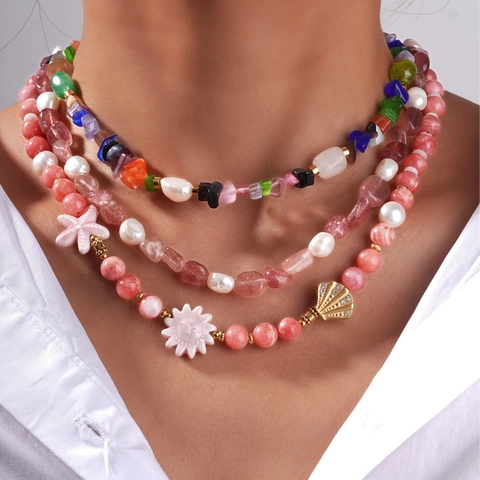 Titanium Steel Agate Crystal Artificial Pearl Beaded Necklace Ocean Style Shell Starfish Sun Pendant Bohemian Jewelry