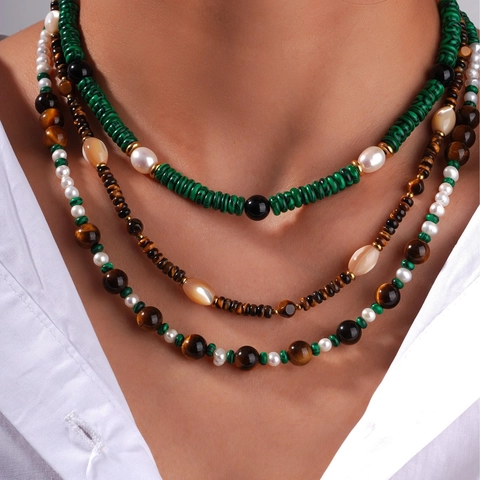 Collar de Cuentas Vintage Bohemio para Mujer Acero de Titanio Ojo de Tigre Malaquita Perla Artificial Joyería de Moda
