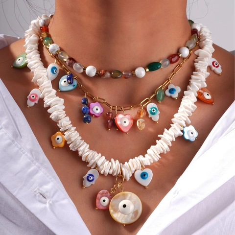Bohemian Titanium Steel Evil Eye Necklace For Women Natural Stone Shell Beaded Layered Necklace Heart Hamsa Hand Charm Jewelry Gift