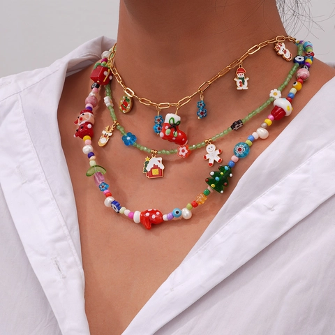 Stainless Steel Christmas Santa Claus Pendant Necklace Colorful Glass Resin Beaded Multi-Layer Cute Holiday Fashion Jewelry