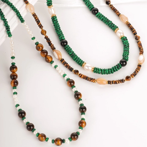 Collar de Cuentas Vintage Bohemio para Mujer Acero de Titanio Ojo de Tigre Malaquita Perla Artificial Joyería de Moda