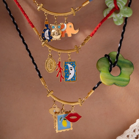 Divertente Collana con Pendente in Acciaio Inossidabile a Corda Intrecciata con Ciondoli Elefante Luna Fiore in Smalto Gioielli Bohemian per Donna