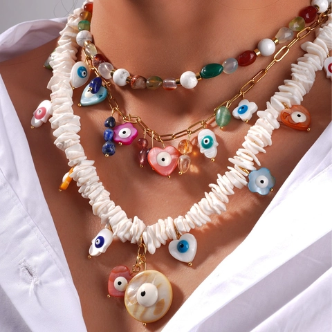 Bohemian Titanium Steel Evil Eye Necklace For Women Natural Stone Shell Beaded Layered Necklace Heart Hamsa Hand Charm Jewelry Gift