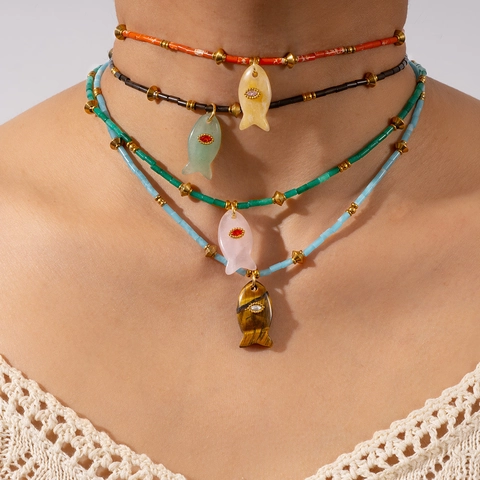 Stainless Steel Natural Stone Fish Pendant Necklace Bohemian Beaded Ocean Style Sea Animal Jewelry For Women Vacation Gift