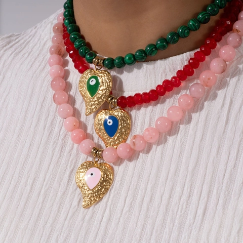 Boho Edelstahl Herz Böses Auge Perlenkette Bunte Glasperlen Gehämmertes Herz Anhänger Halskette Für Damen Geschenk