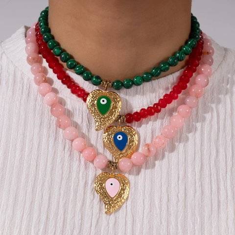 Boho Edelstahl Herz Böses Auge Perlenkette Bunte Glasperlen Gehämmertes Herz Anhänger Halskette Für Damen Geschenk