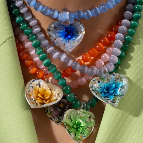 Böhmische Titanstahl Perlenkette Mit Handgefertigtem Herz Lampwork Blumen Anhänger Bunter Schmuck Für Damen Feiertagsgeschenk