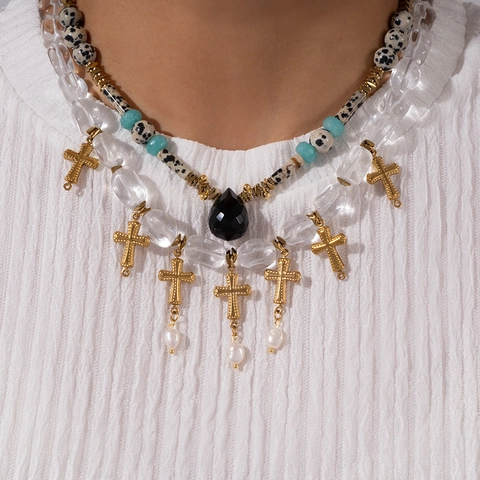 Collana di Perline in Acciaio al Titanio Vintage per Donna Pietra Dalmata Ciondolo a Croce Religiosa Perla Artificiale Gioielli di Moda