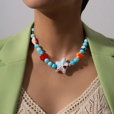 Collana di Perline di Vetro Colorate in Stile Oceano Con Perle Artificiali Pendenti Stella Marina Granchio Conchiglia Gioielli Donna