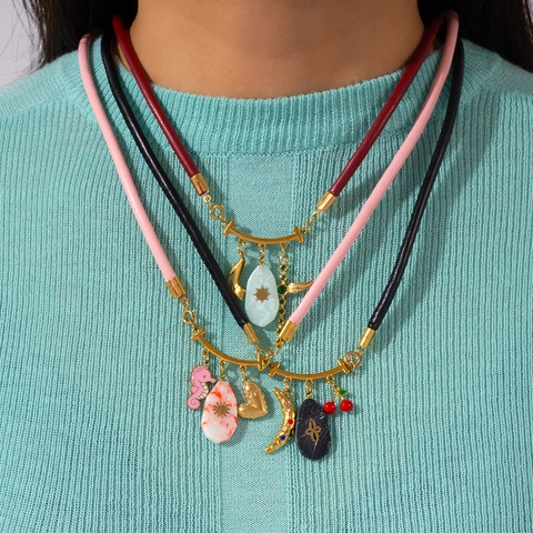 Bohemian Women Multi Pendant Necklace PU Leather Rope Titanium Steel Heart Cherry Moon Cross Pendant Fashion Jewelry Gift