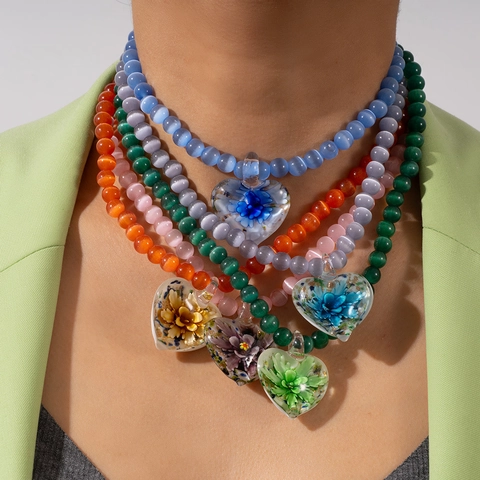 Böhmische Titanstahl Perlenkette Mit Handgefertigtem Herz Lampwork Blumen Anhänger Bunter Schmuck Für Damen Feiertagsgeschenk