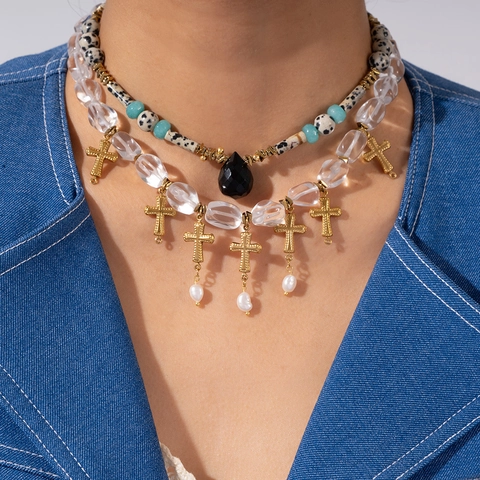 Collana di Perline in Acciaio al Titanio Vintage per Donna Pietra Dalmata Ciondolo a Croce Religiosa Perla Artificiale Gioielli di Moda