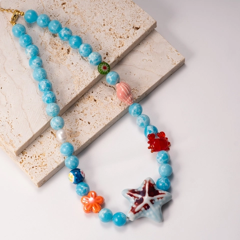 Collana di Perline di Vetro Colorate in Stile Oceano Con Perle Artificiali Pendenti Stella Marina Granchio Conchiglia Gioielli Donna