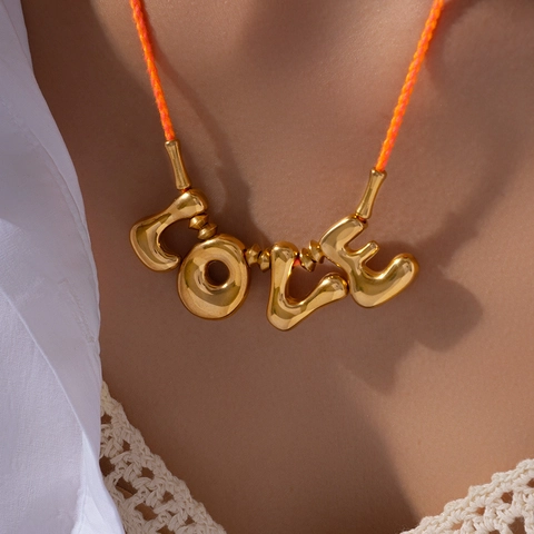 Fashion Stainless Steel LOVE Letter Pendant Necklace For Women Orange Braided Rope Cord Chain Gold Plated Jewelry Gift
