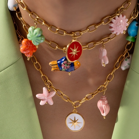 Collana con Pendente Multicolore in Stile Oceanico in Acciaio al Titanio Bohemian per Donna Gioielli a Strati con Ciondoli a Forma di Stella Marina Pesce Fiore