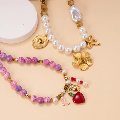 Collana con Perline in Acciaio Inossidabile Bohemien per Donna Pendente a Cuore Gufo Fiore Stivale Gioielli Y2K