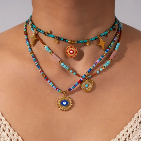 Bohemian Stainless Steel Evil Eye Beaded Necklace For Women Gold Plated Heart Star Pendant Turquoise Beaded Chain Jewelry