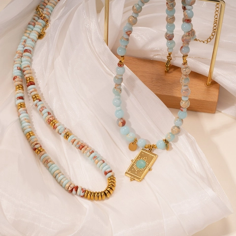 Bohemian Stainless Steel Beaded Necklace For Women Natural Stone Sunburst Pendant Gold Plated Geometric Fashion Jewelry Necklace
