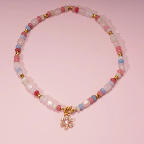 Collar de Cuentas de Colores para Mujer Colgante de Flor Chapado en Oro Piedra Natural Diamantes de Imitación Joyería de Moda