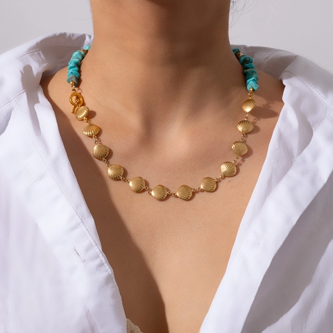 Collar de Pendiente de Concha de Acero Inoxidable Bohemio para Mujer Chapado en Oro Perla Artificial Turquesa Joyería