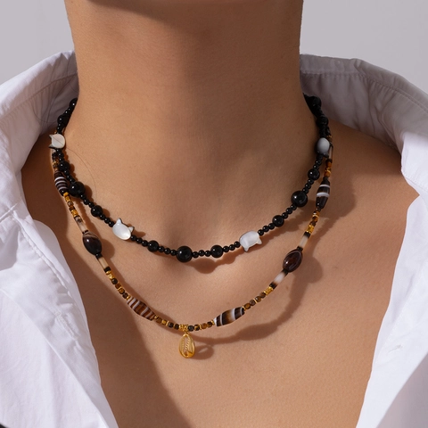Damen Titanium Stahl Perlenkette Natürlicher Schwarzer Achat Muschel Katzenkopf Anhänger Boho Mode Schmuck Accessoire