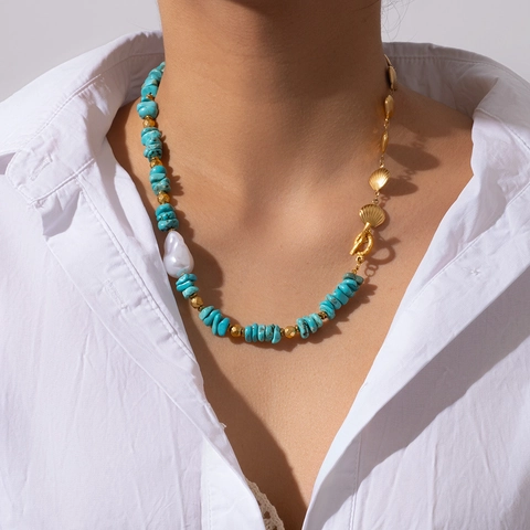 Collar de Pendiente de Concha de Acero Inoxidable Bohemio para Mujer Chapado en Oro Perla Artificial Turquesa Joyería
