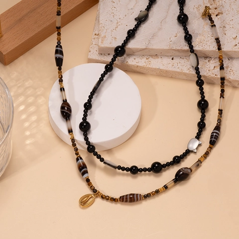 Damen Titanium Stahl Perlenkette Natürlicher Schwarzer Achat Muschel Katzenkopf Anhänger Boho Mode Schmuck Accessoire